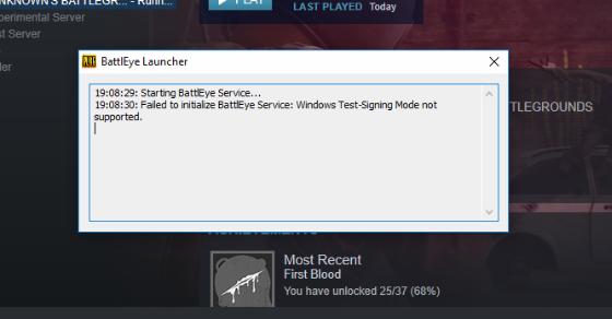 Не удалось инициализировать службу battleye windows test signing mode not supported dayz